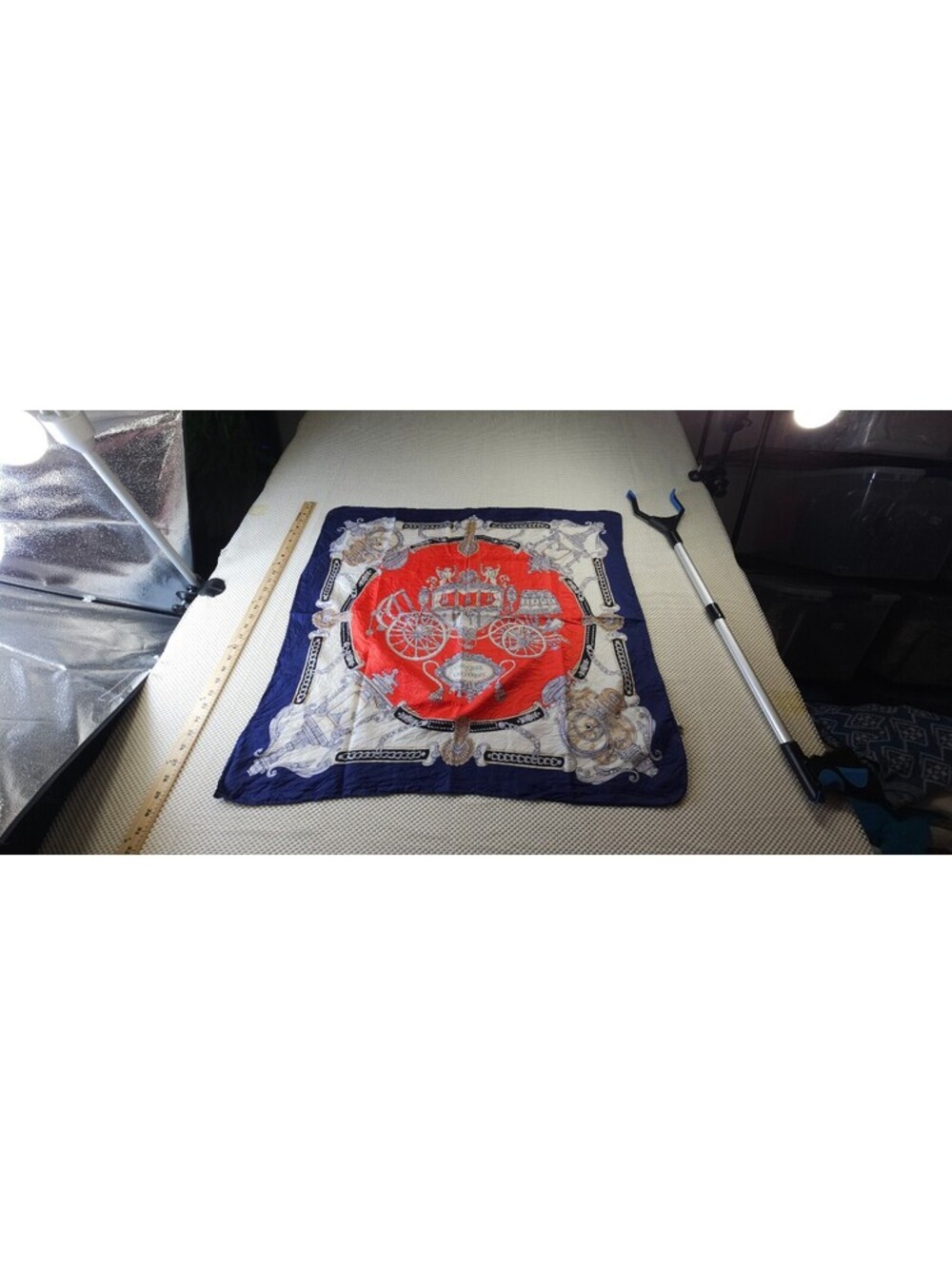 Reine Leide Vintage Style Carriage Print 100% Silk Scarf in Red, Navy, and Cream
